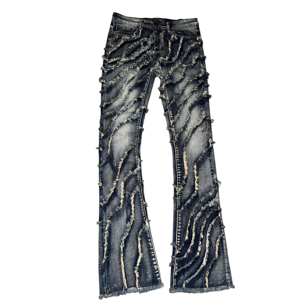 VALABASAS Mens Ruffled Stacked Button Fly‎ Distressed Jeans Size 32 Light Blue